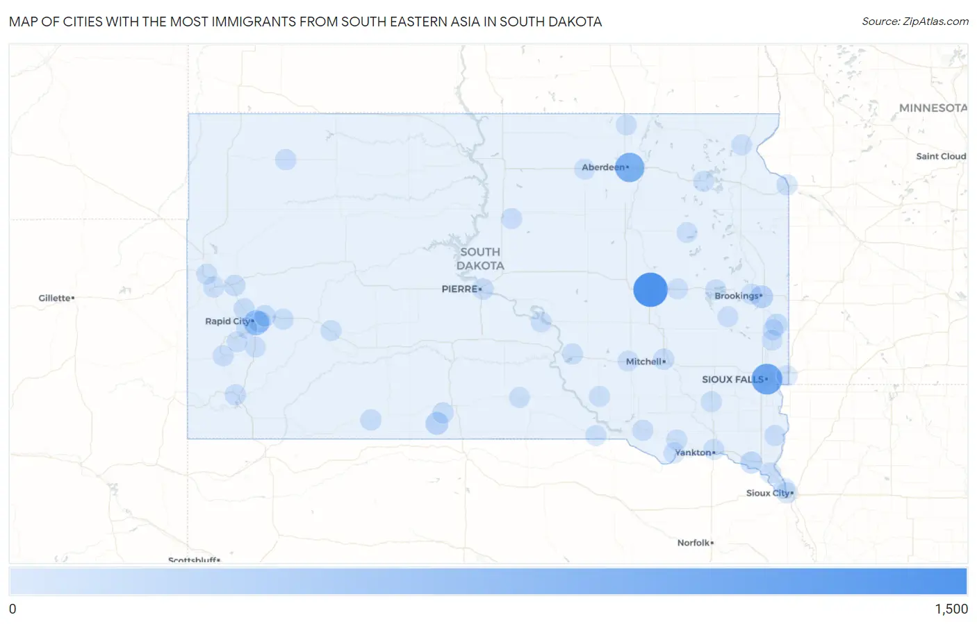 Cities with the Most Immigrants from South Eastern Asia in South Dakota Map
