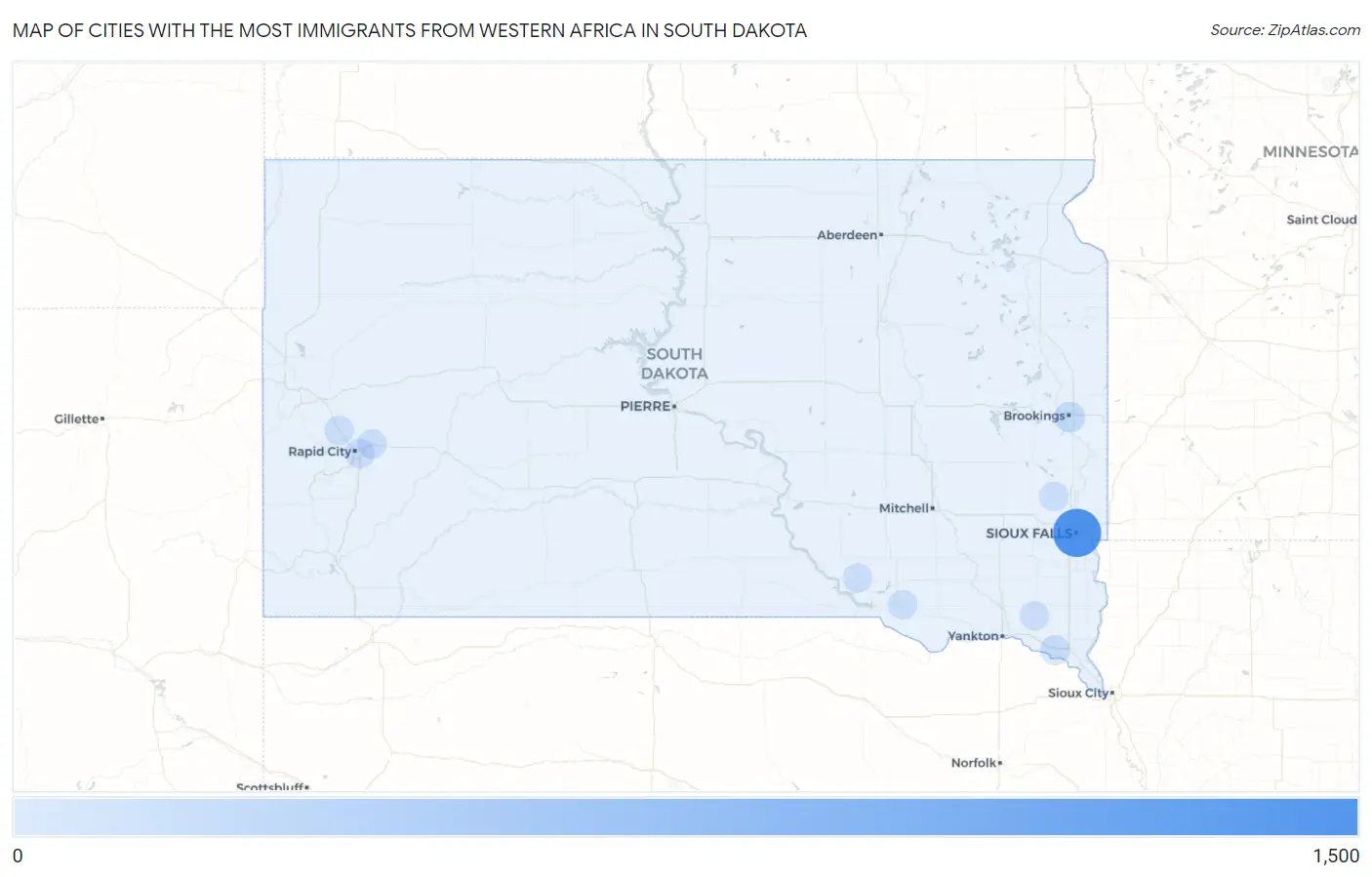 Cities with the Most Immigrants from Western Africa in South Dakota Map