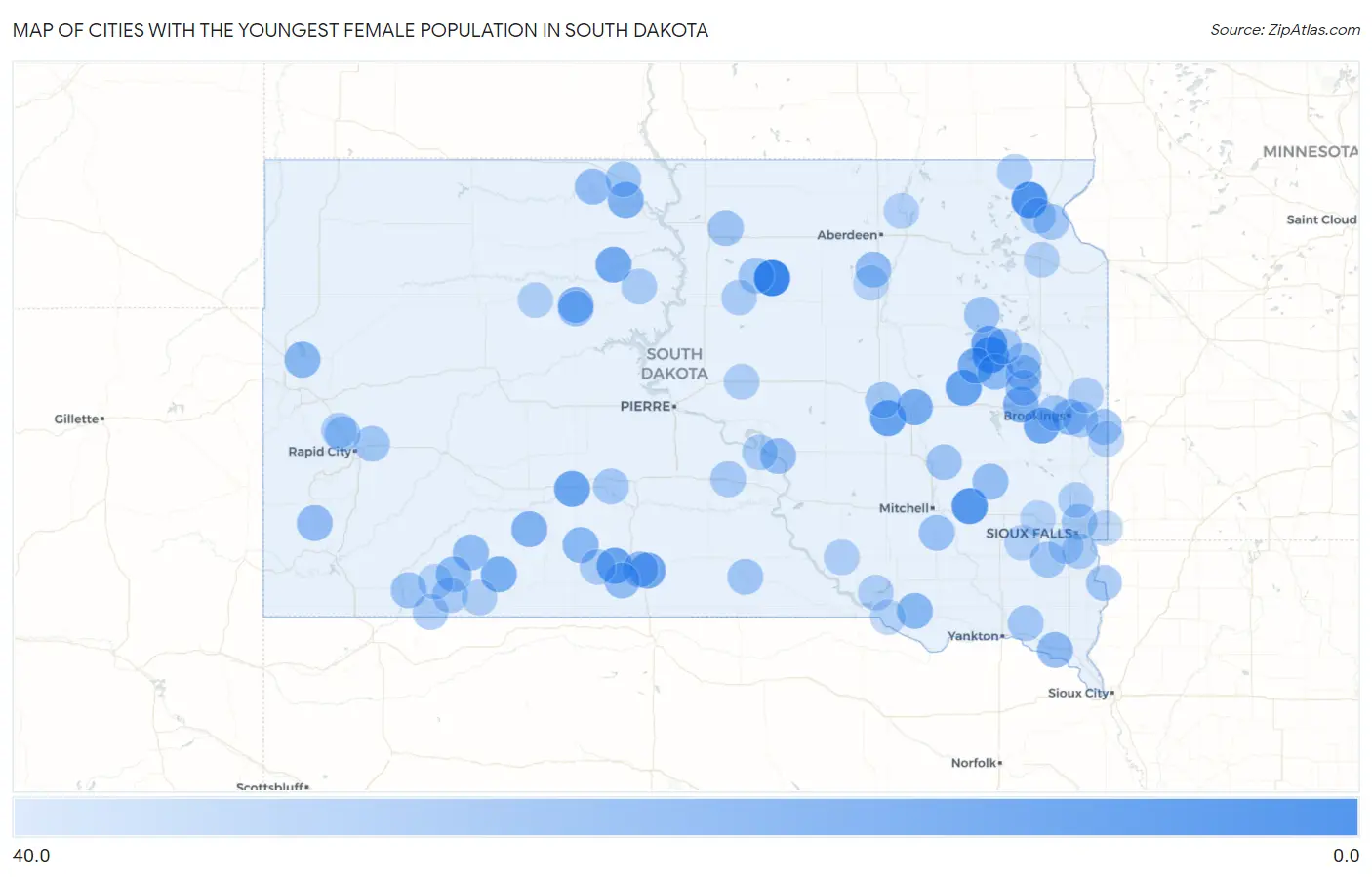 Cities with the Youngest Female Population in South Dakota Map