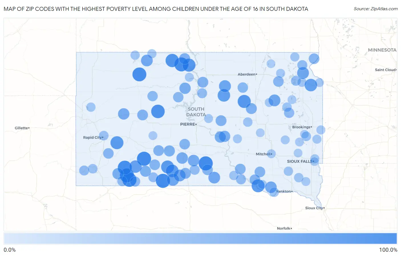 Zip Codes with the Highest Poverty Level Among Children Under the Age of 16 in South Dakota Map