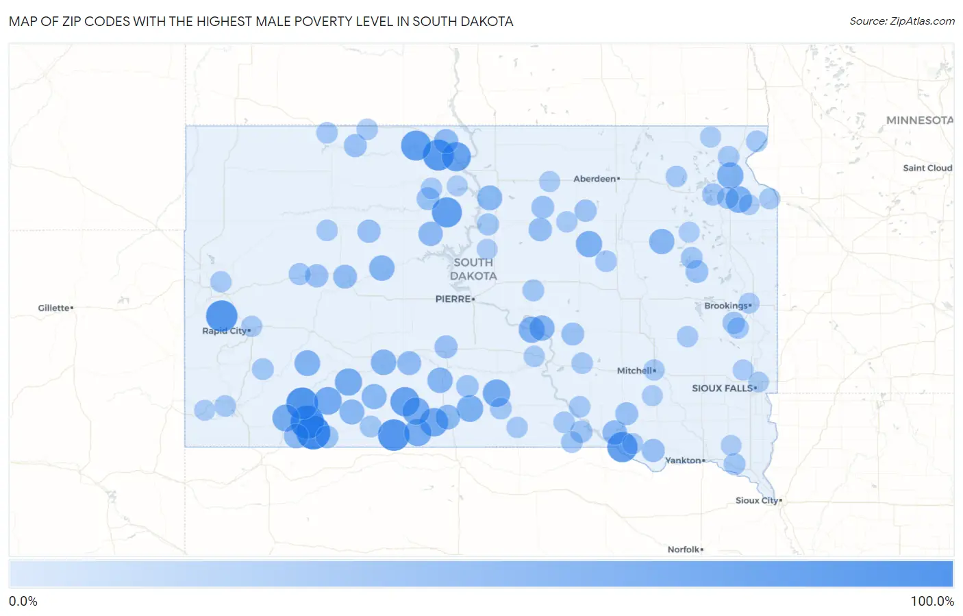 Zip Codes with the Highest Male Poverty Level in South Dakota Map