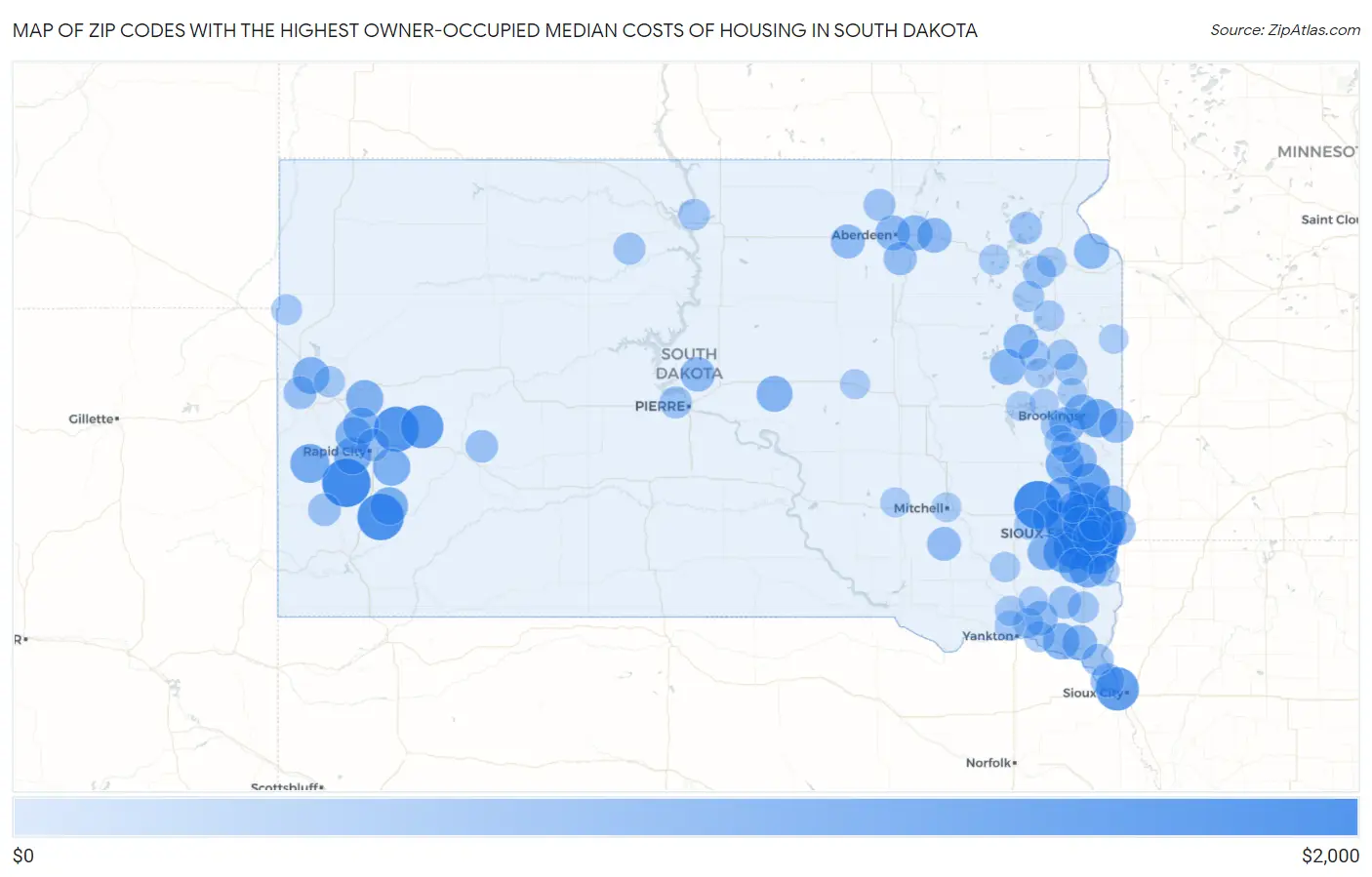 Zip Codes with the Highest Owner-Occupied Median Costs of Housing in South Dakota Map