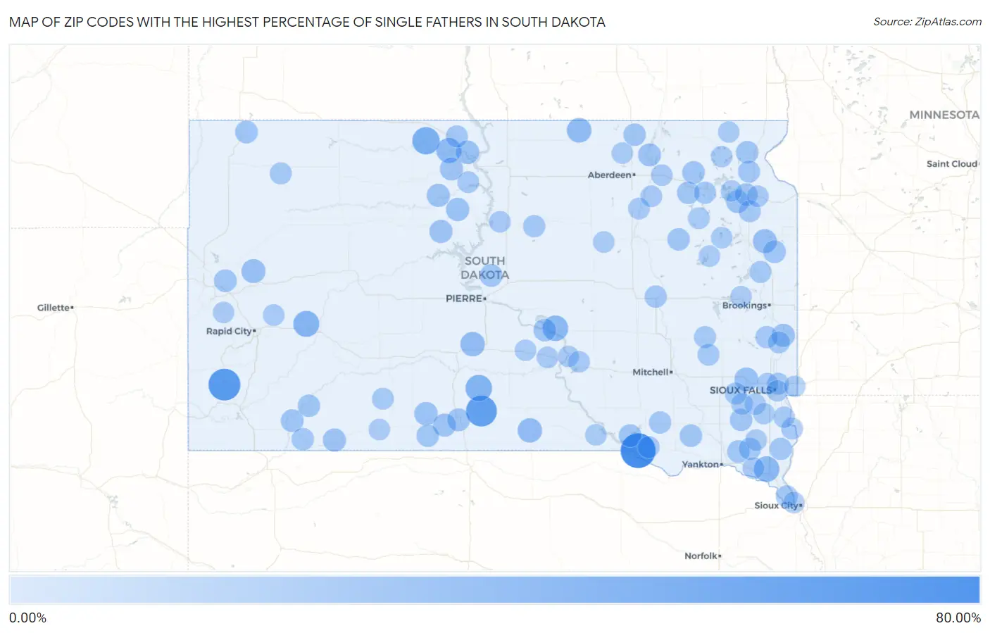Zip Codes with the Highest Percentage of Single Fathers in South Dakota Map