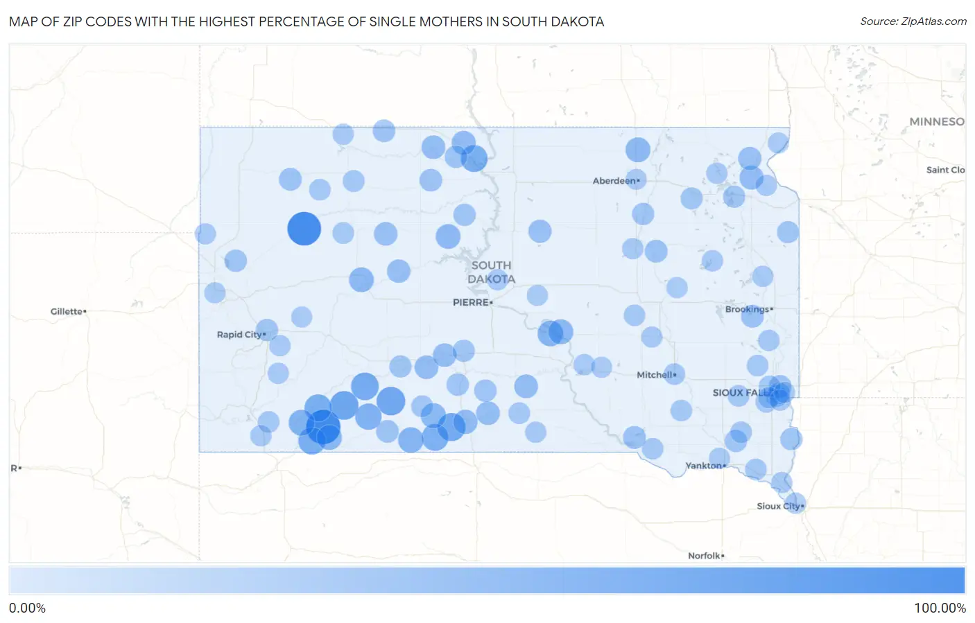 Zip Codes with the Highest Percentage of Single Mothers in South Dakota Map