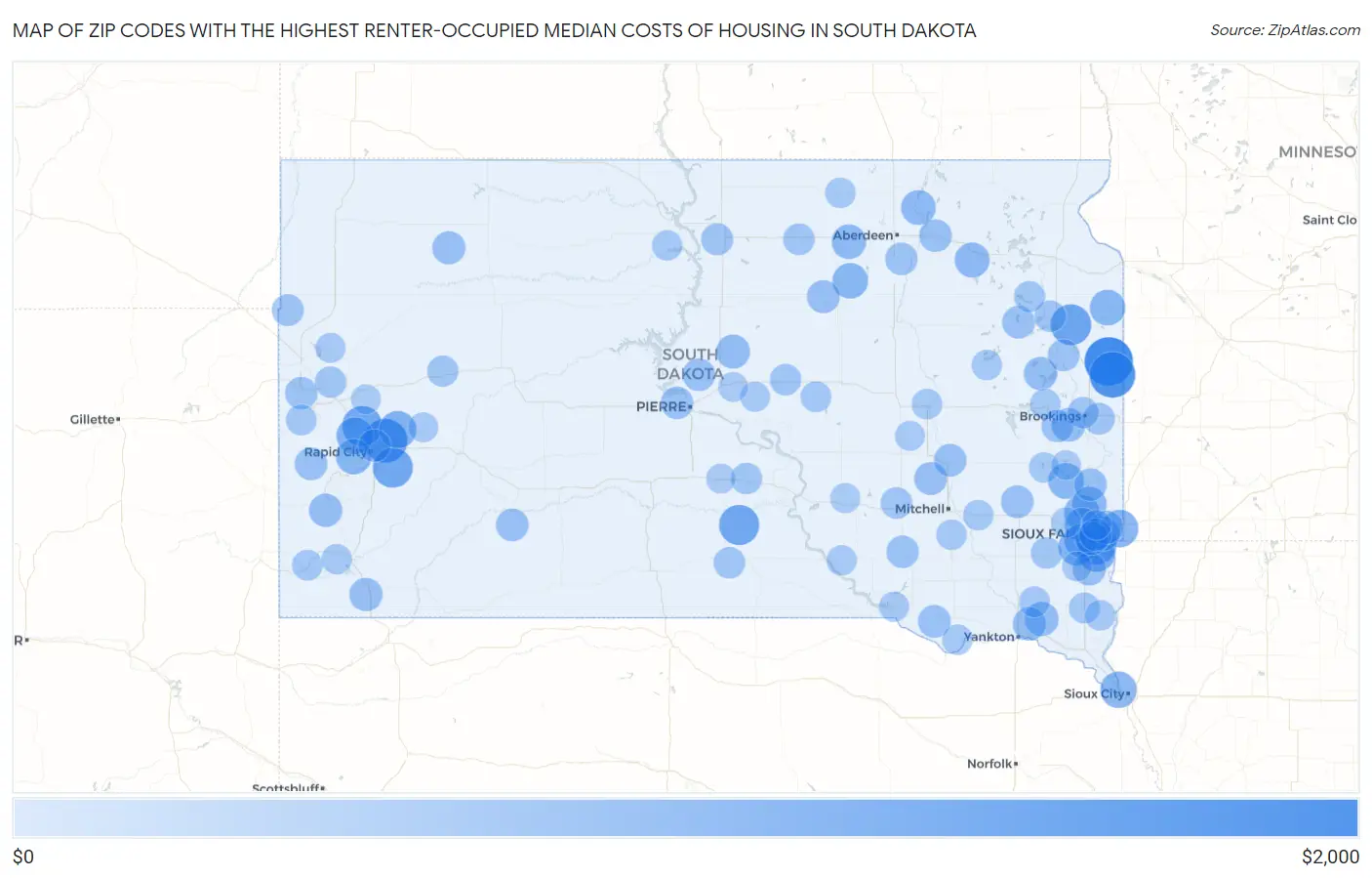 Zip Codes with the Highest Renter-Occupied Median Costs of Housing in South Dakota Map