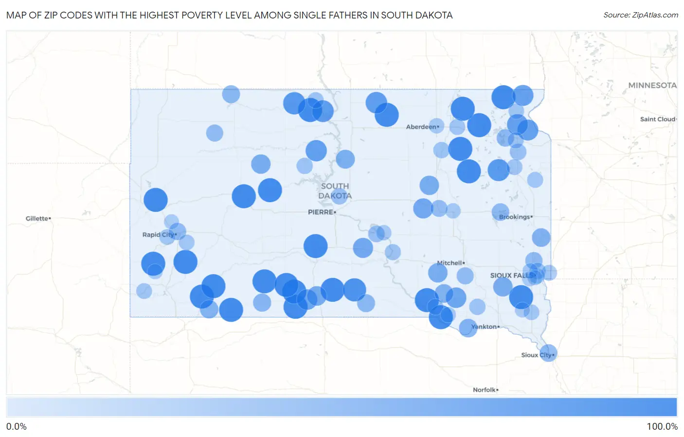 Zip Codes with the Highest Poverty Level Among Single Fathers in South Dakota Map
