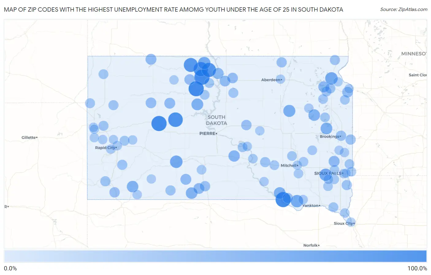 Zip Codes with the Highest Unemployment Rate Amomg Youth Under the Age of 25 in South Dakota Map