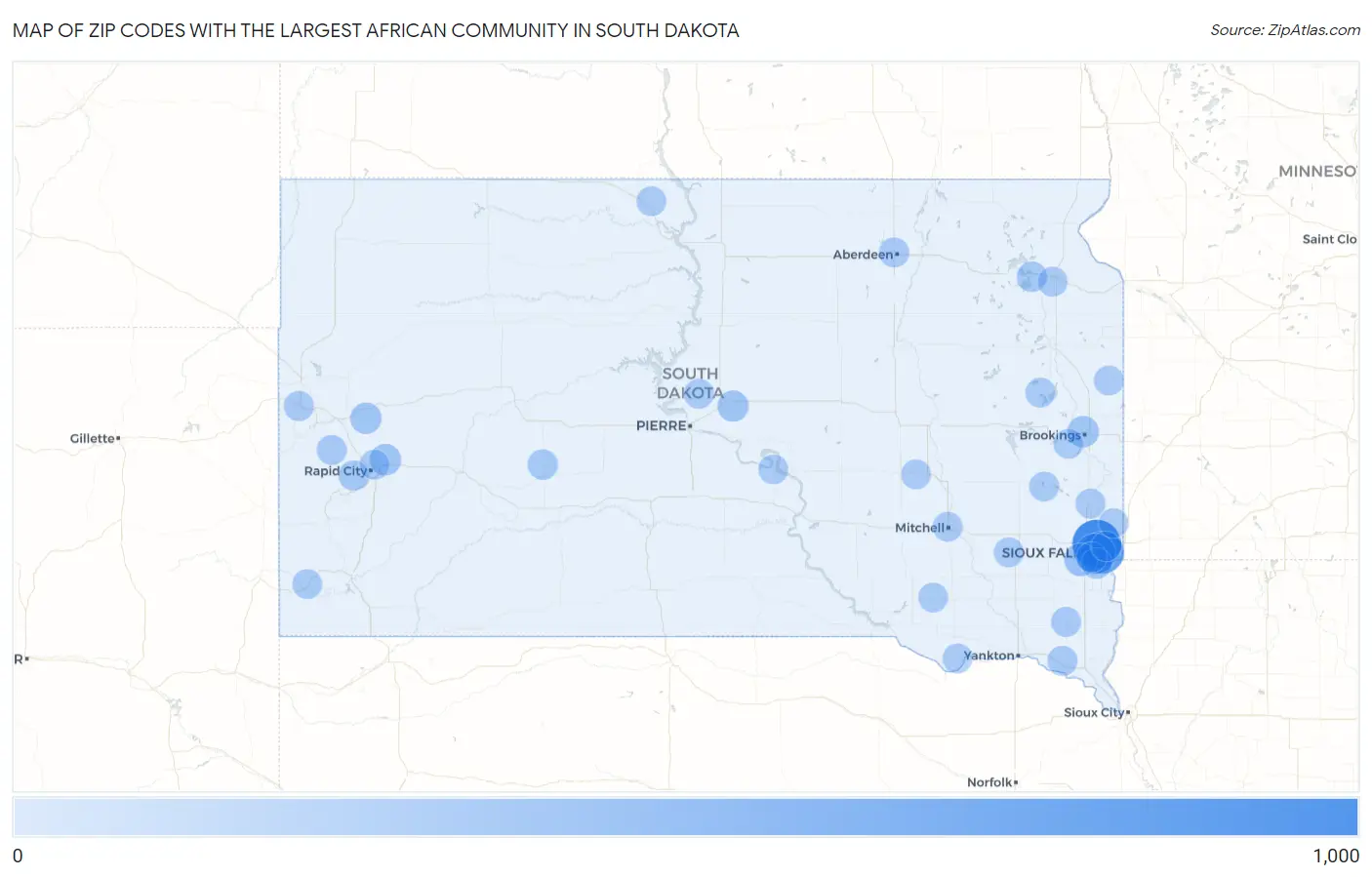 Zip Codes with the Largest African Community in South Dakota Map