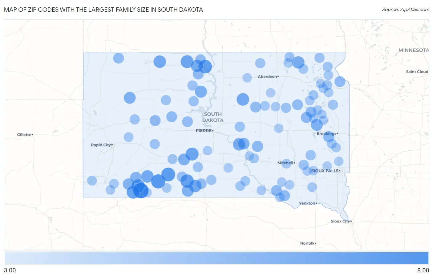 Zip Codes with the Largest Family Size in South Dakota Map