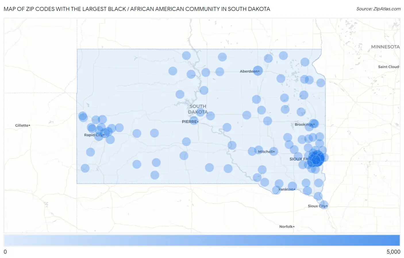 Zip Codes with the Largest Black / African American Community in South Dakota Map