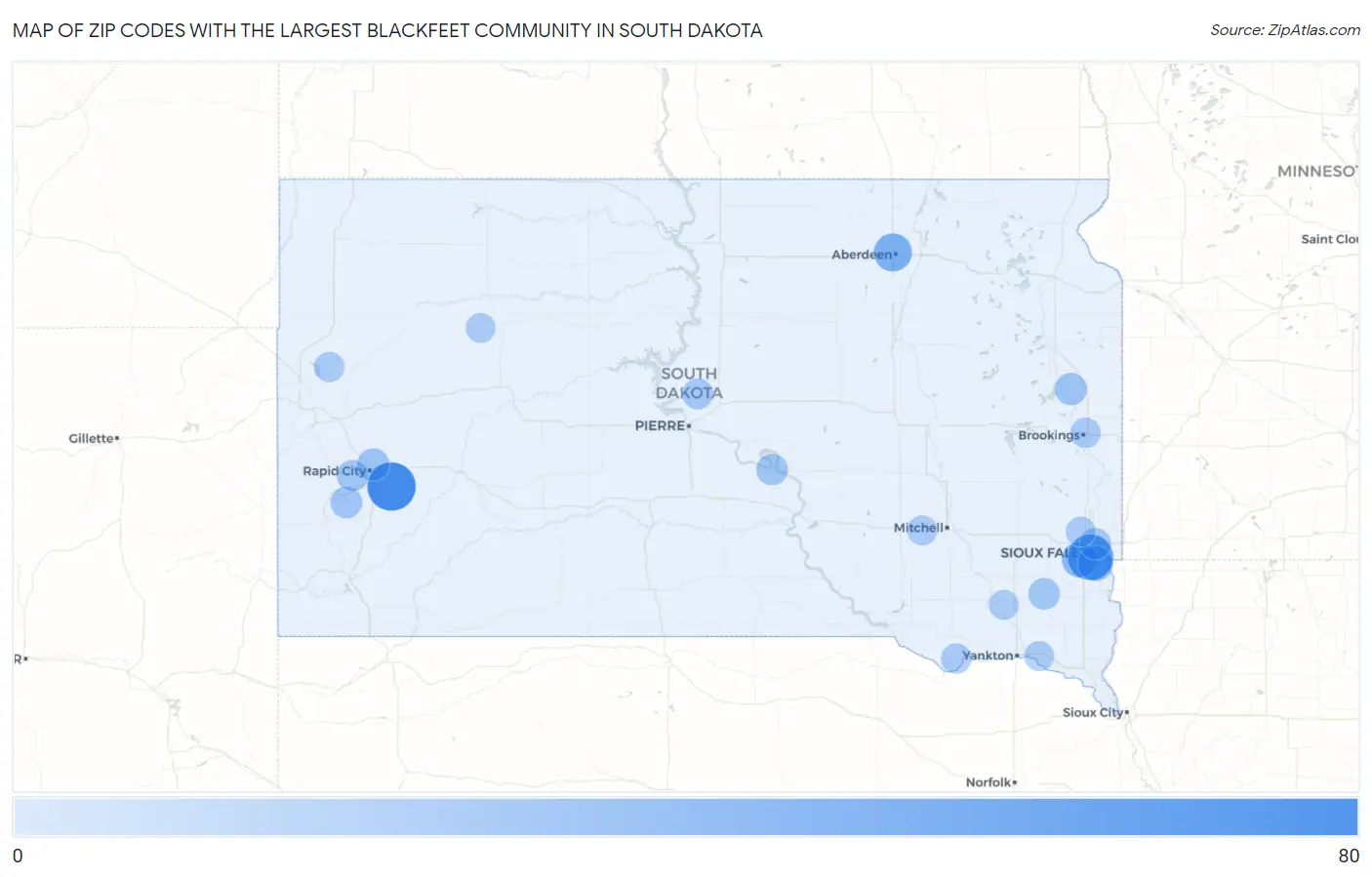 Zip Codes with the Largest Blackfeet Community in South Dakota Map
