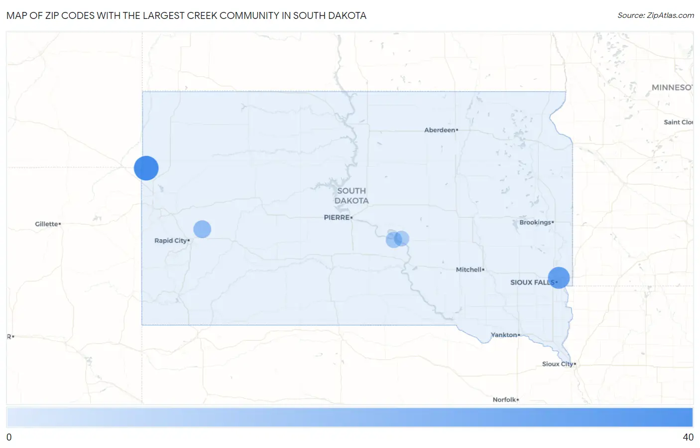 Zip Codes with the Largest Creek Community in South Dakota Map