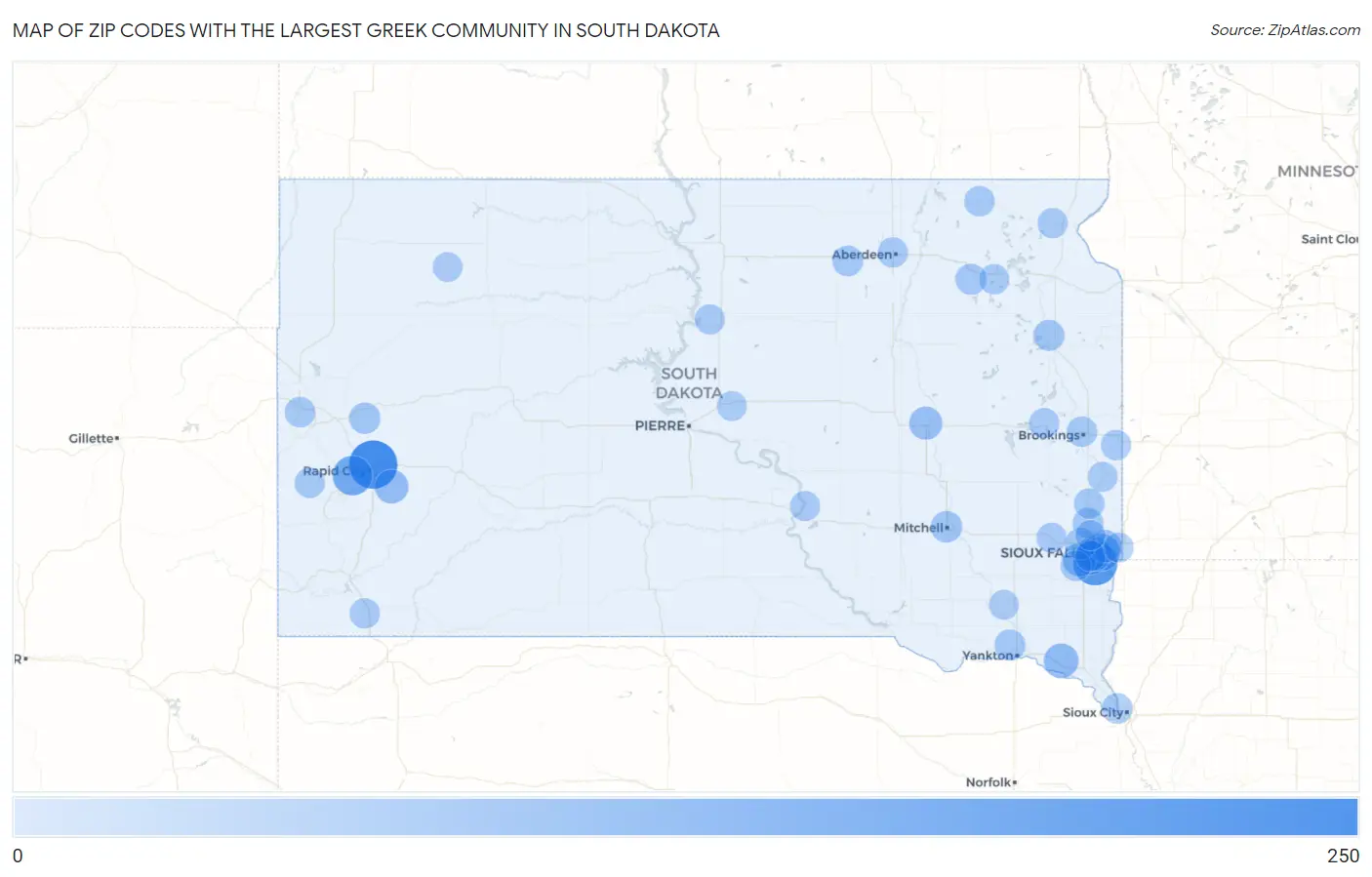Zip Codes with the Largest Greek Community in South Dakota Map