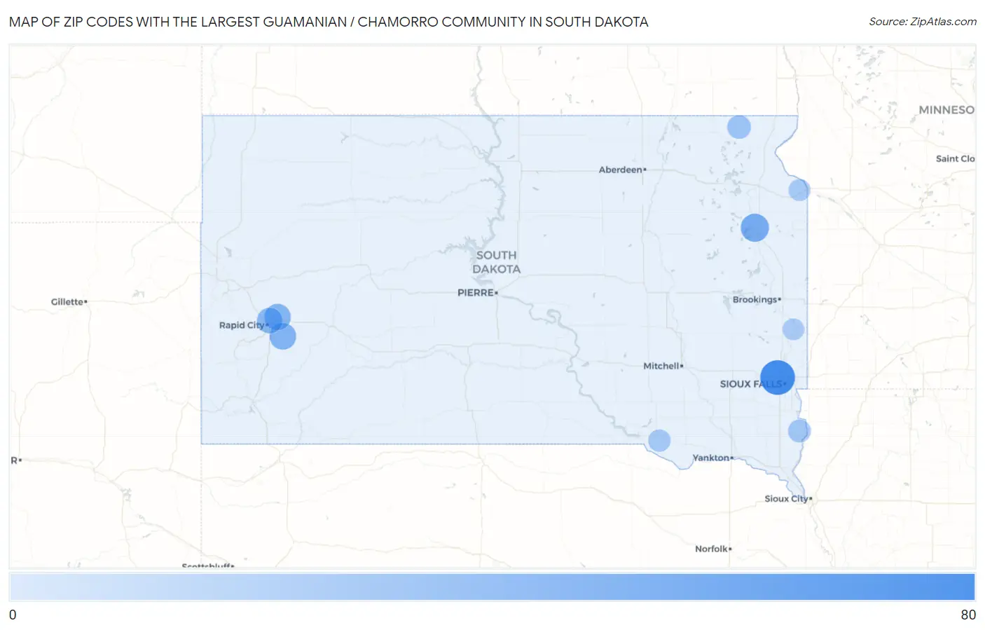 Zip Codes with the Largest Guamanian / Chamorro Community in South Dakota Map