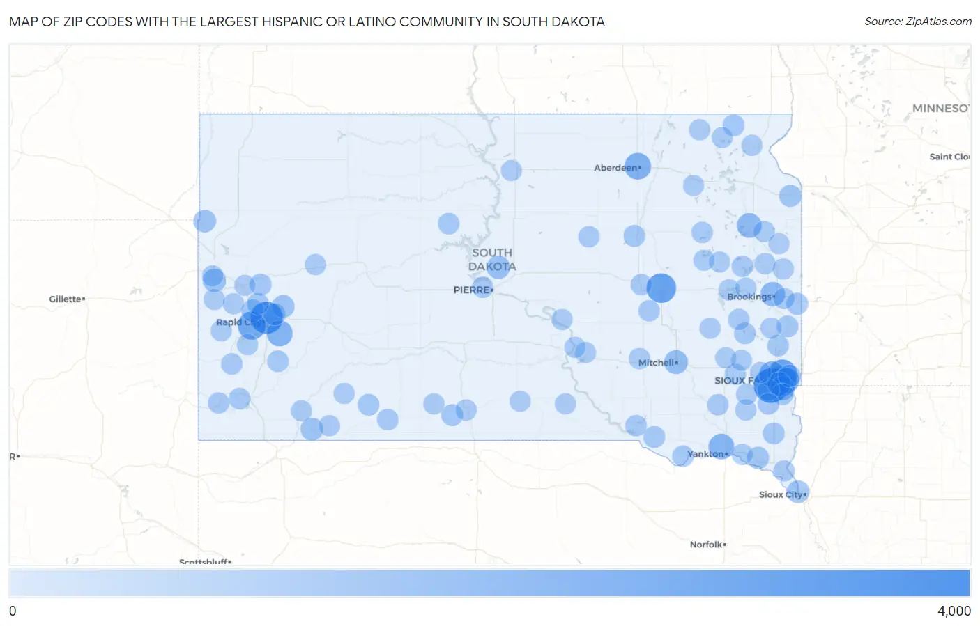 Zip Codes with the Largest Hispanic or Latino Community in South Dakota Map