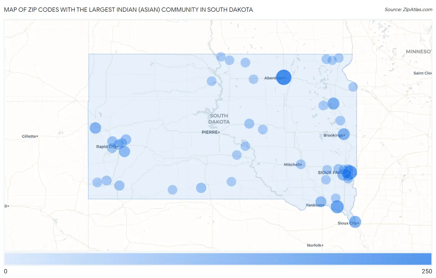 Zip Codes with the Largest Indian (Asian) Community in South Dakota Map