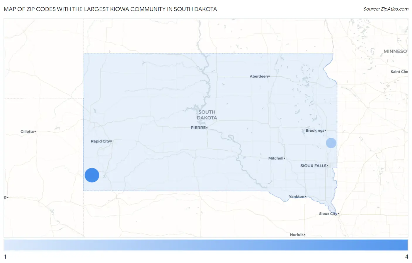 Zip Codes with the Largest Kiowa Community in South Dakota Map