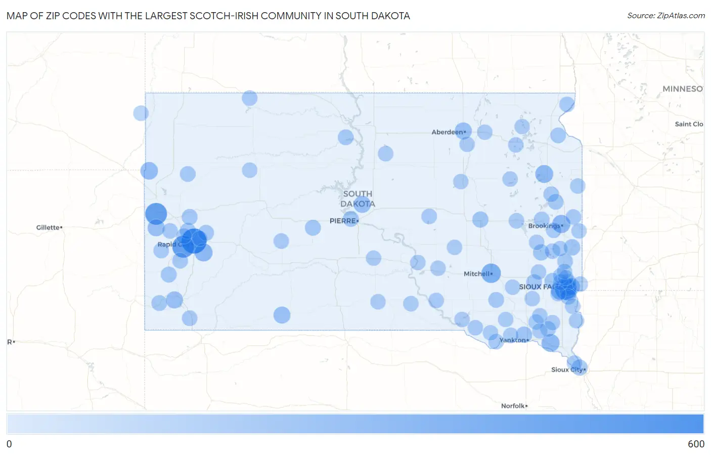 Zip Codes with the Largest Scotch-Irish Community in South Dakota Map