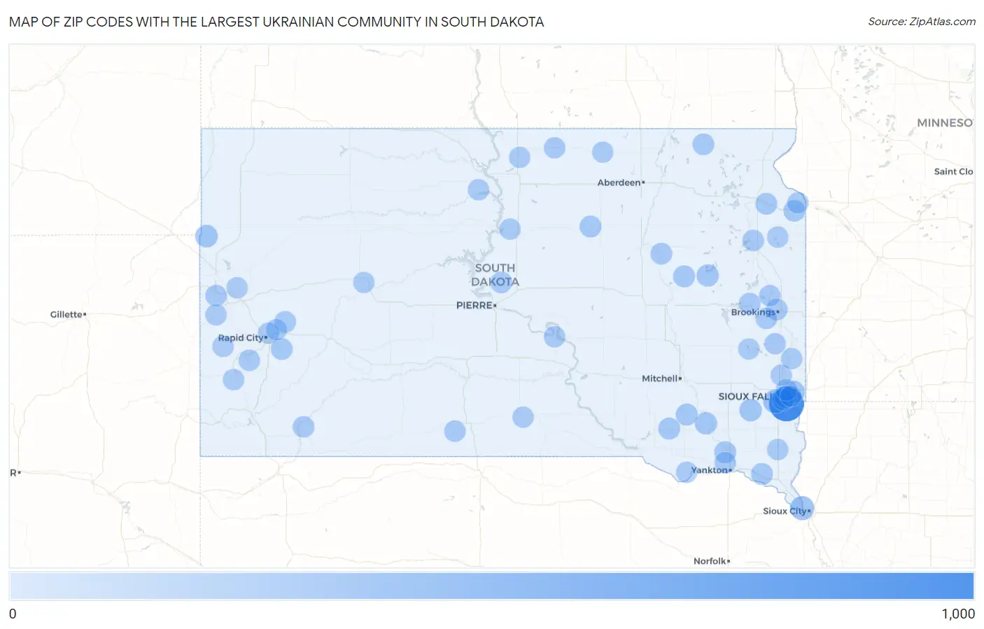 Zip Codes with the Largest Ukrainian Community in South Dakota Map