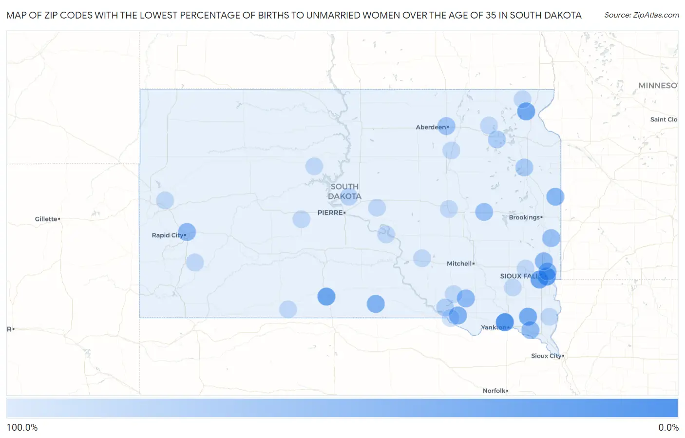 Zip Codes with the Lowest Percentage of Births to Unmarried Women over the Age of 35 in South Dakota Map