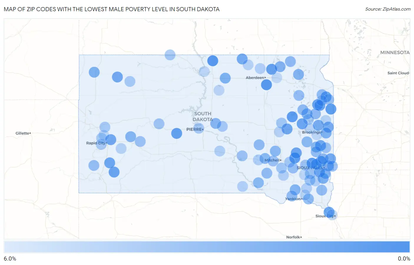 Zip Codes with the Lowest Male Poverty Level in South Dakota Map
