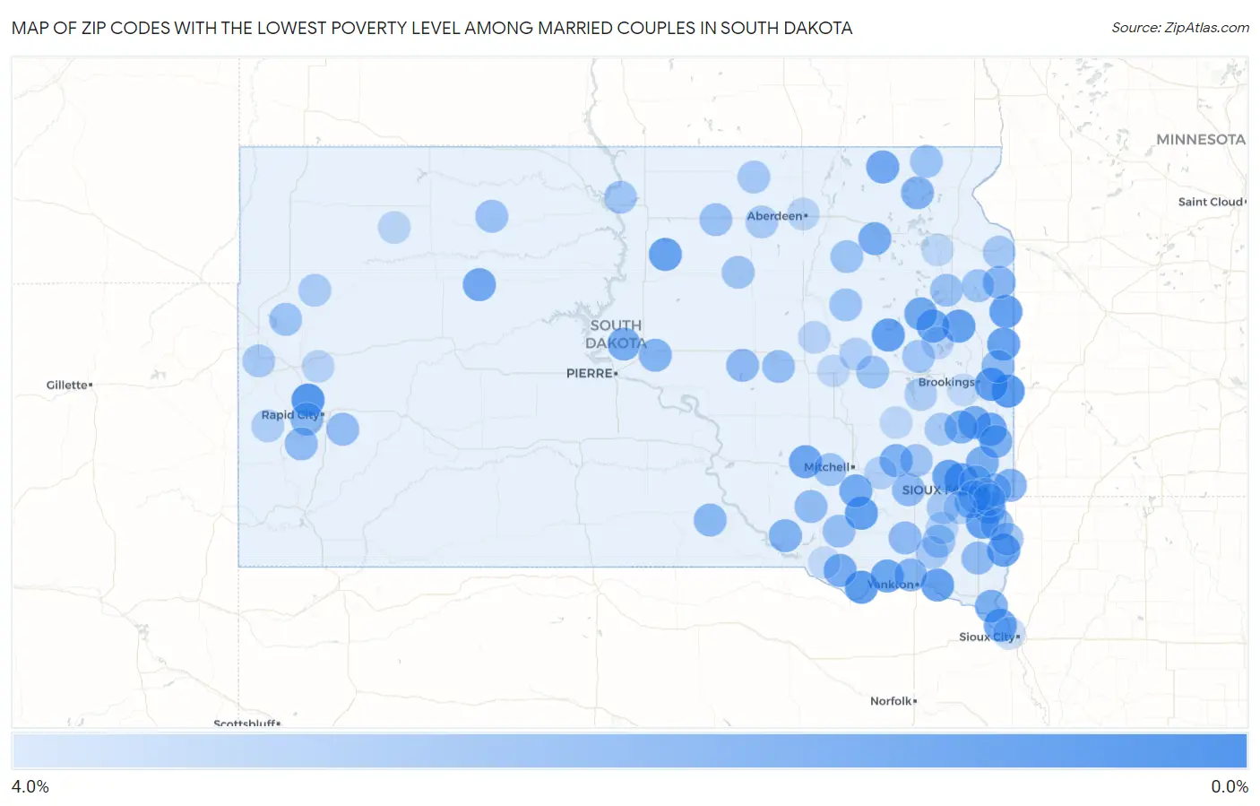 Zip Codes with the Lowest Poverty Level Among Married Couples in South Dakota Map