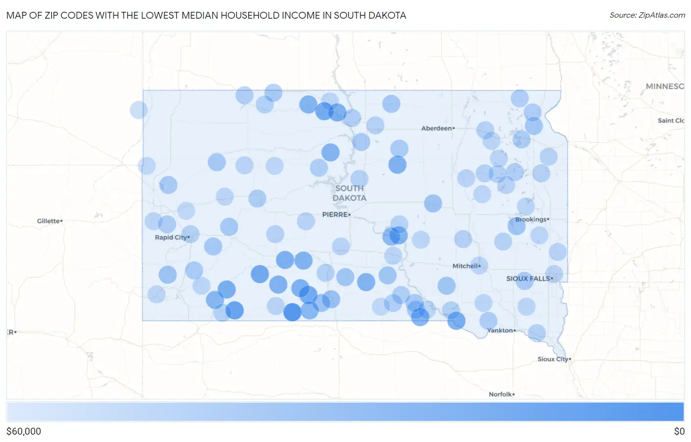 Zip Codes with the Lowest Median Household Income in South Dakota Map