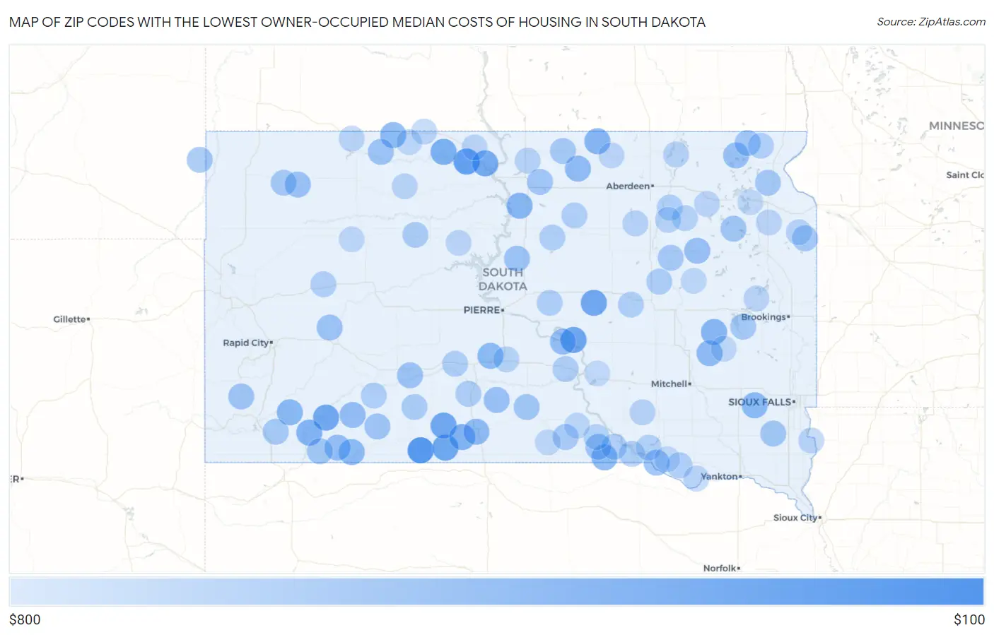 Zip Codes with the Lowest Owner-Occupied Median Costs of Housing in South Dakota Map