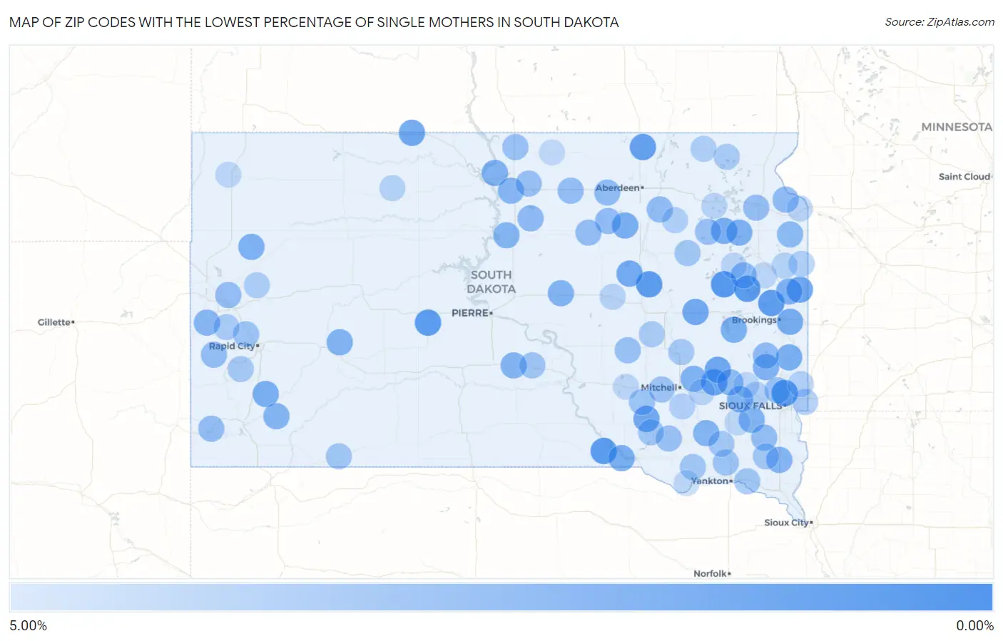 Zip Codes with the Lowest Percentage of Single Mothers in South Dakota Map