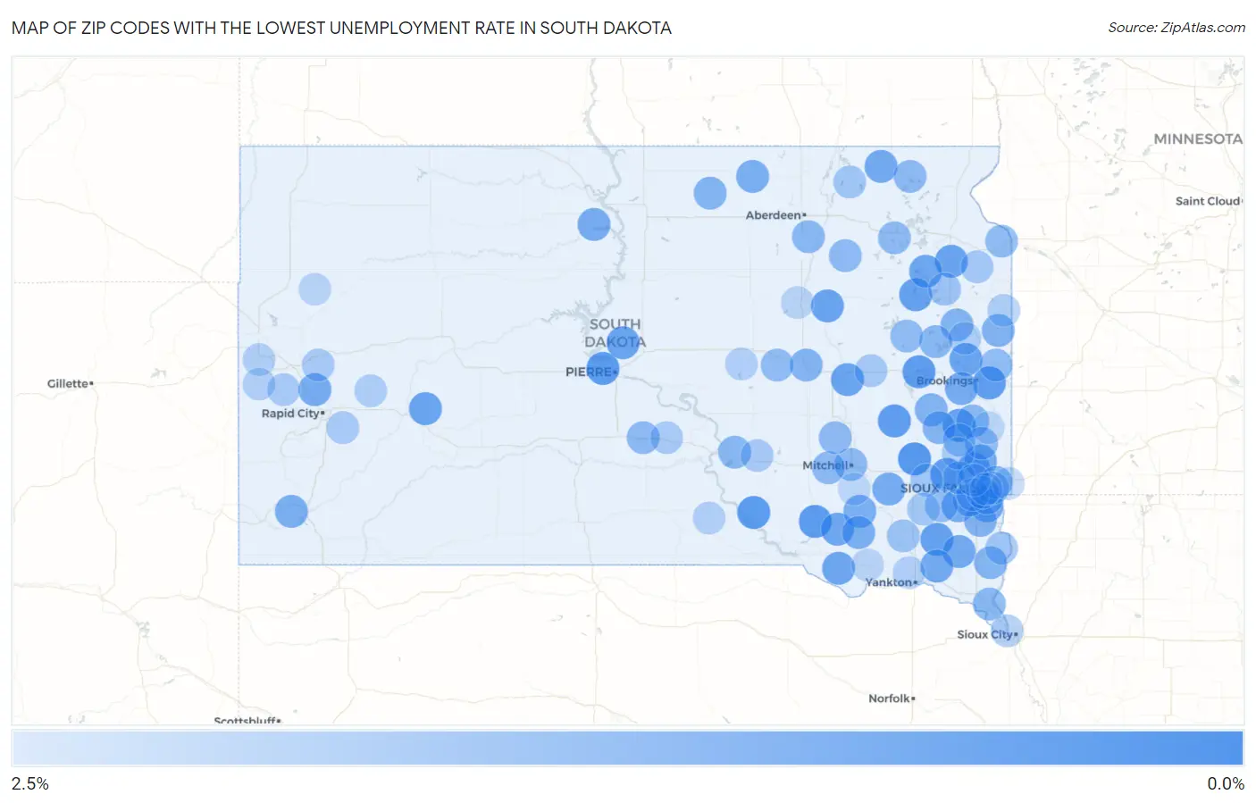 Zip Codes with the Lowest Unemployment Rate in South Dakota Map
