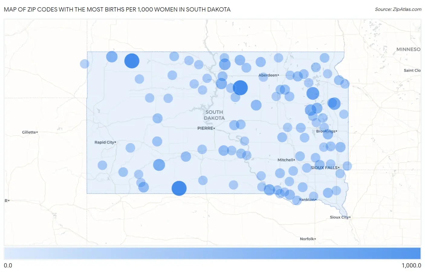 Zip Codes with the Most Births per 1,000 Women in South Dakota Map