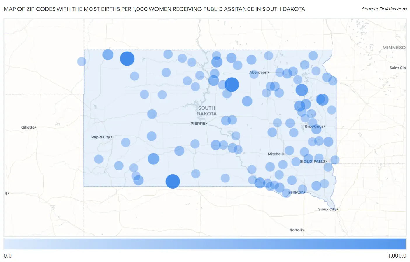 Zip Codes with the Most Births per 1,000 Women Receiving Public Assitance in South Dakota Map