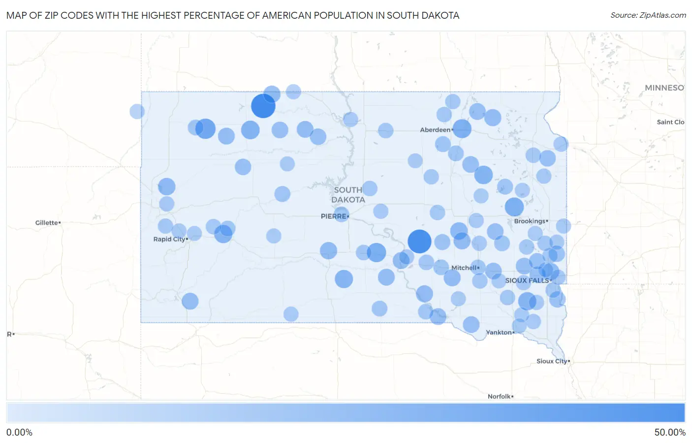 Zip Codes with the Highest Percentage of American Population in South Dakota Map