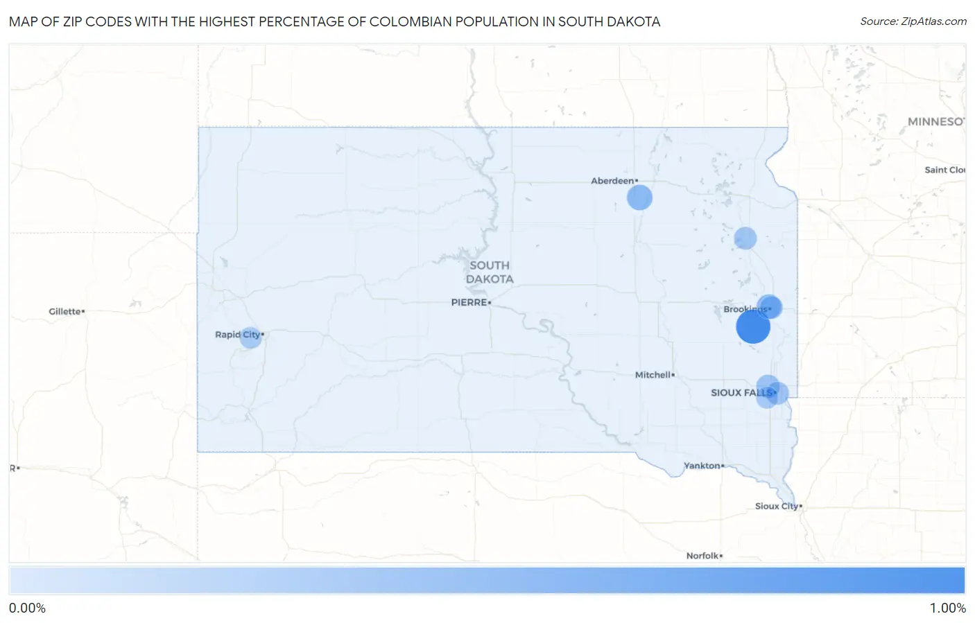 Zip Codes with the Highest Percentage of Colombian Population in South Dakota Map