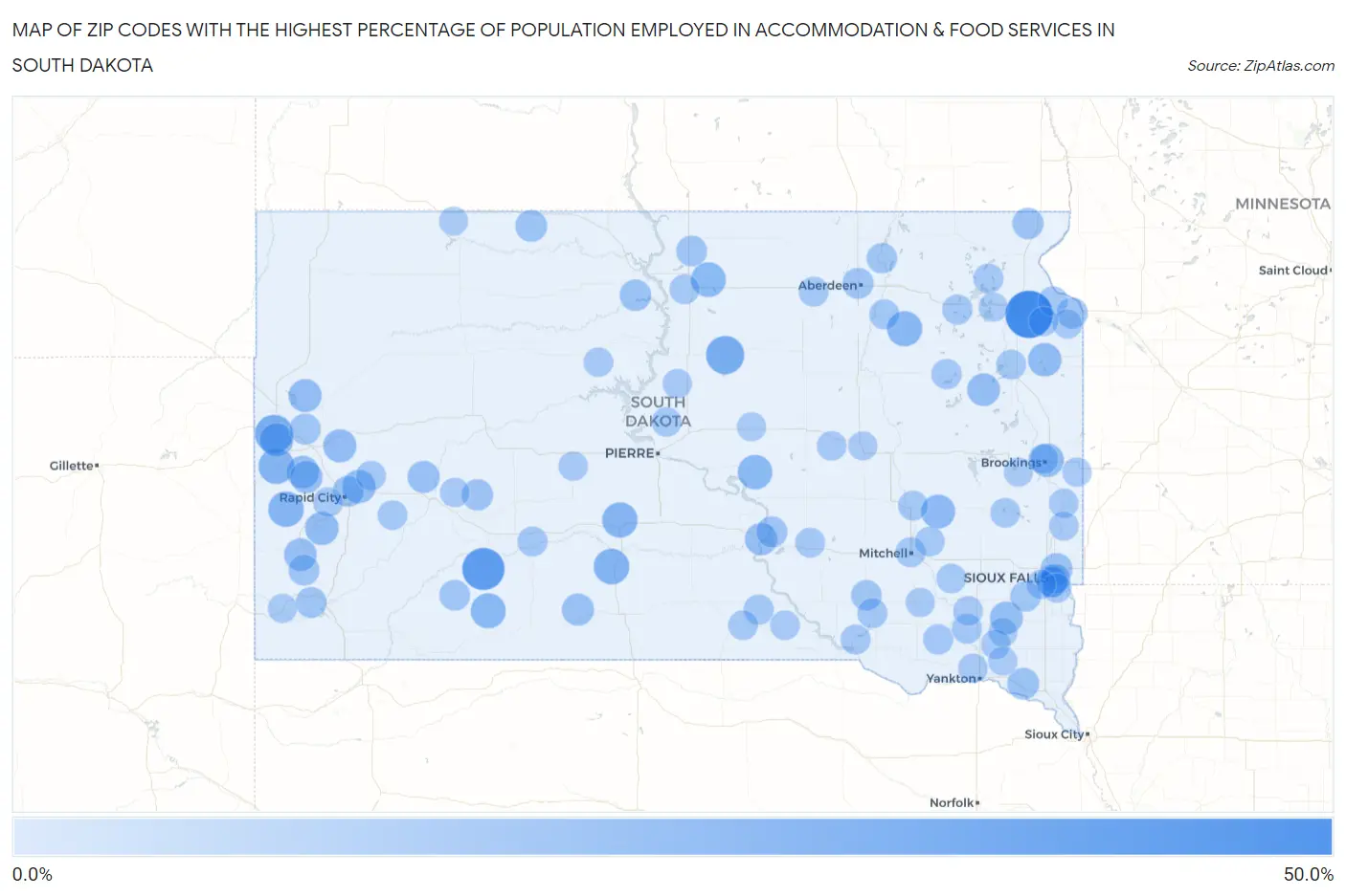 Zip Codes with the Highest Percentage of Population Employed in Accommodation & Food Services in South Dakota Map