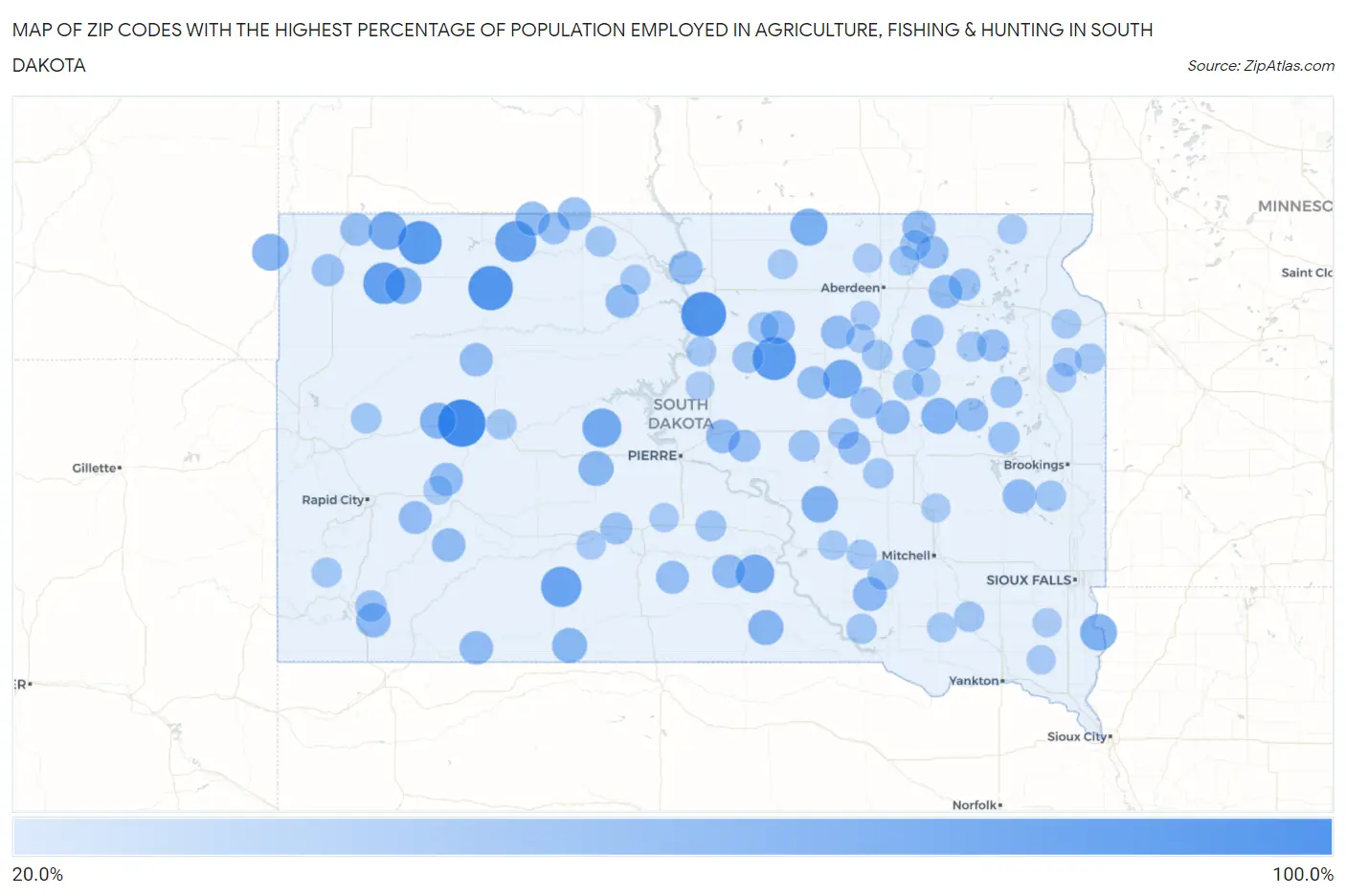 Zip Codes with the Highest Percentage of Population Employed in Agriculture, Fishing & Hunting in South Dakota Map
