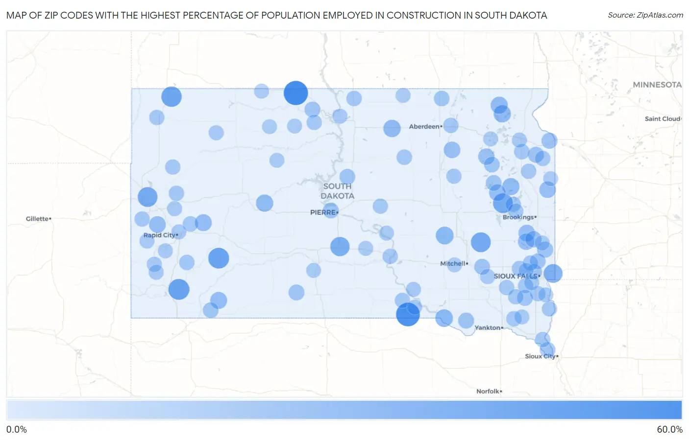 Zip Codes with the Highest Percentage of Population Employed in Construction in South Dakota Map