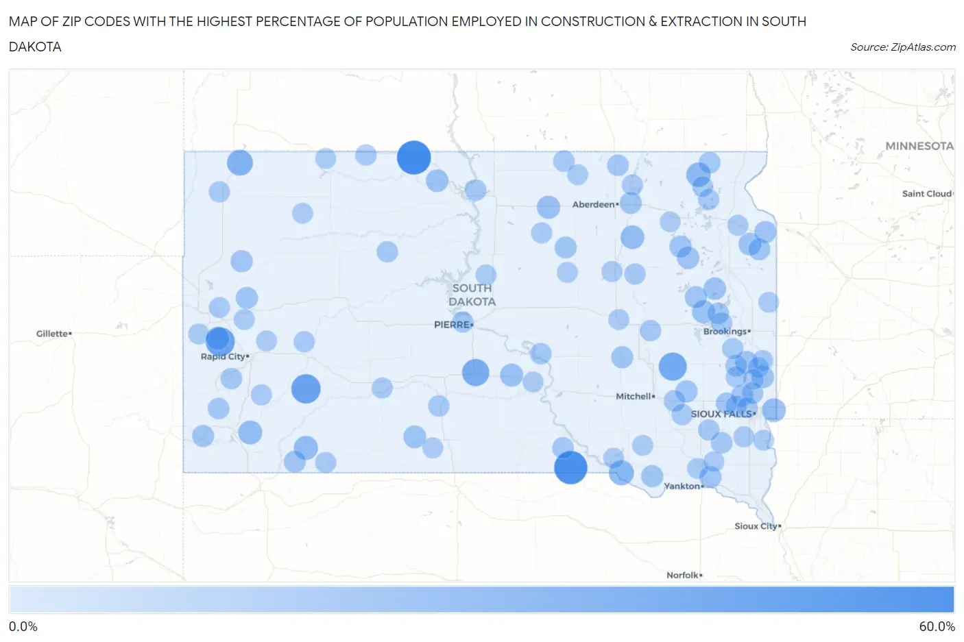Zip Codes with the Highest Percentage of Population Employed in Construction & Extraction in South Dakota Map