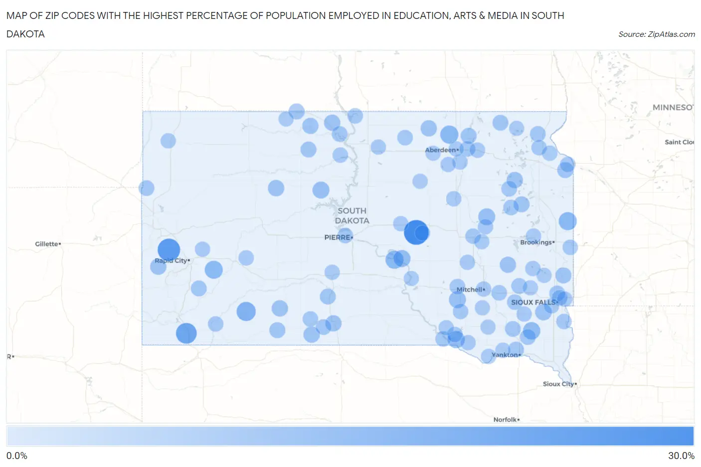 Zip Codes with the Highest Percentage of Population Employed in Education, Arts & Media in South Dakota Map
