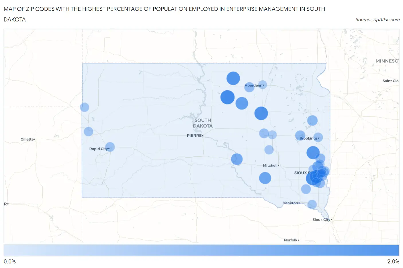 Zip Codes with the Highest Percentage of Population Employed in Enterprise Management in South Dakota Map