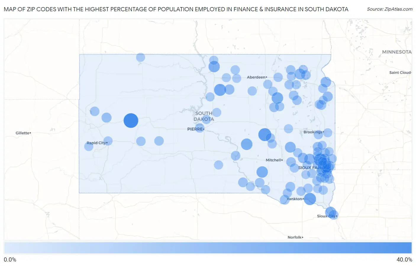 Zip Codes with the Highest Percentage of Population Employed in Finance & Insurance in South Dakota Map