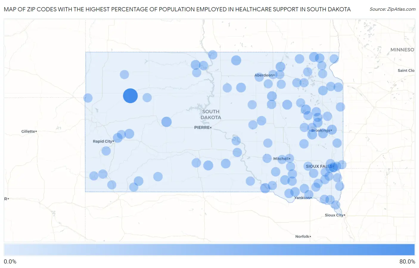 Zip Codes with the Highest Percentage of Population Employed in Healthcare Support in South Dakota Map