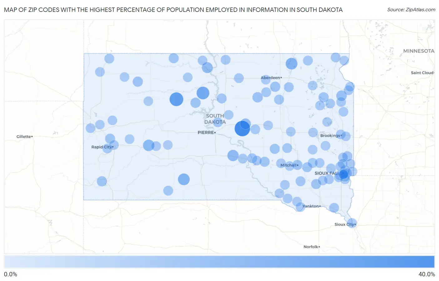 Zip Codes with the Highest Percentage of Population Employed in Information in South Dakota Map