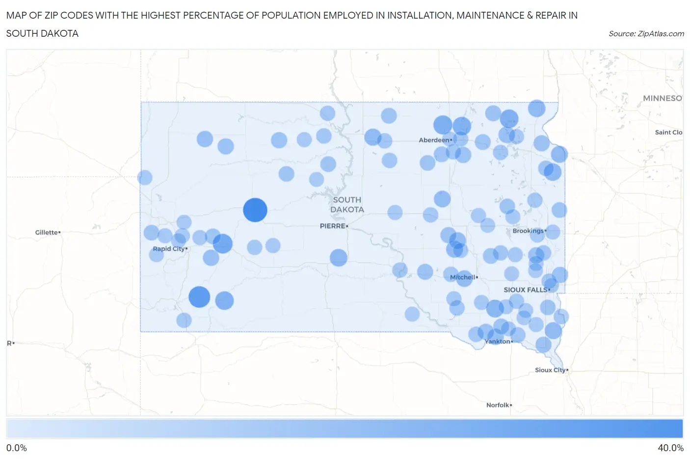 Zip Codes with the Highest Percentage of Population Employed in Installation, Maintenance & Repair in South Dakota Map