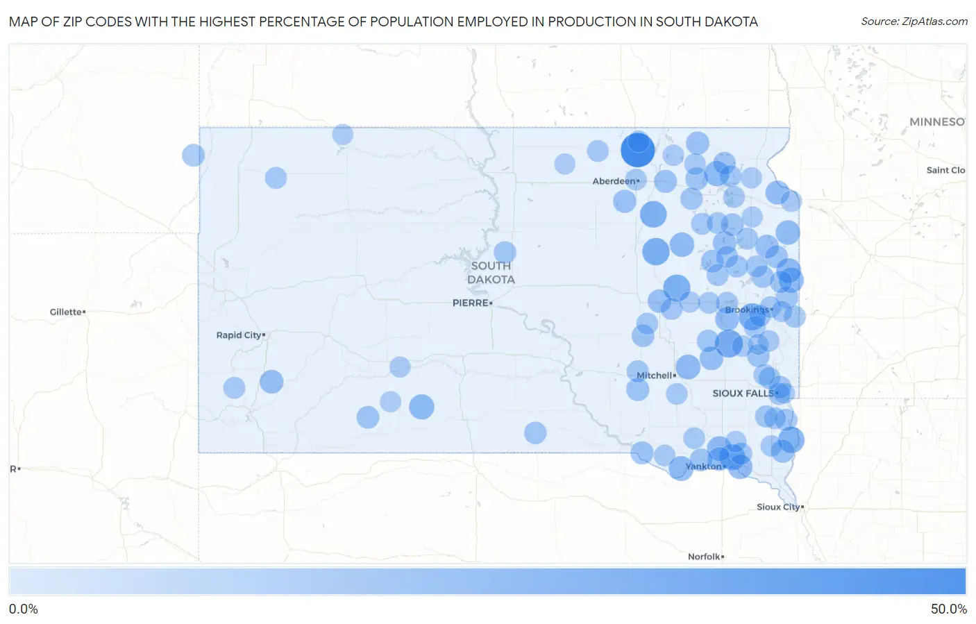 Zip Codes with the Highest Percentage of Population Employed in Production in South Dakota Map