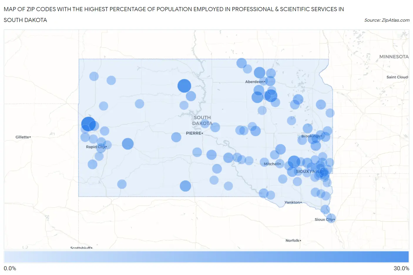 Zip Codes with the Highest Percentage of Population Employed in Professional & Scientific Services in South Dakota Map