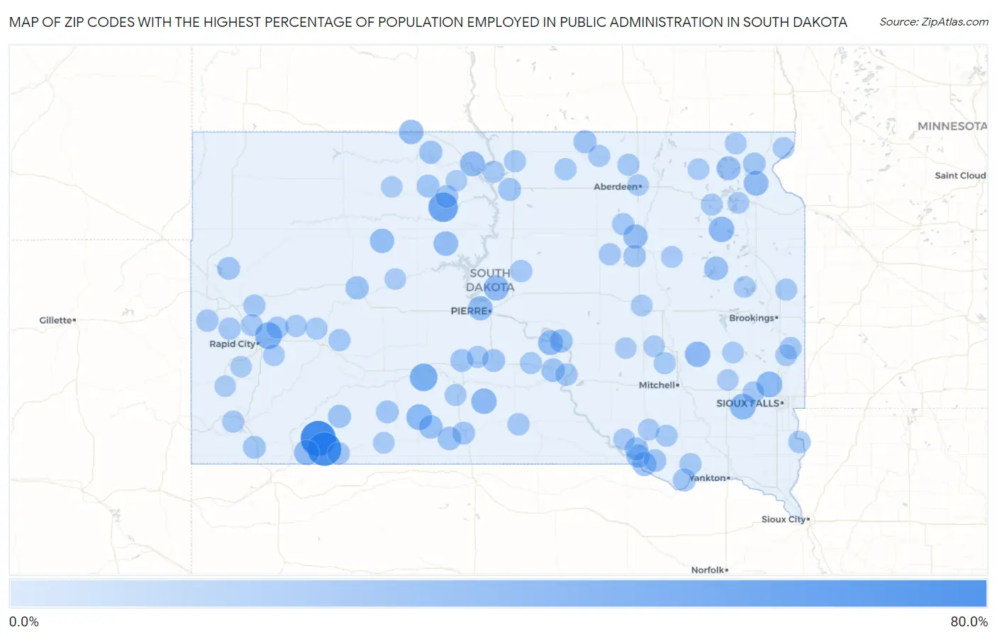 Zip Codes with the Highest Percentage of Population Employed in Public Administration in South Dakota Map