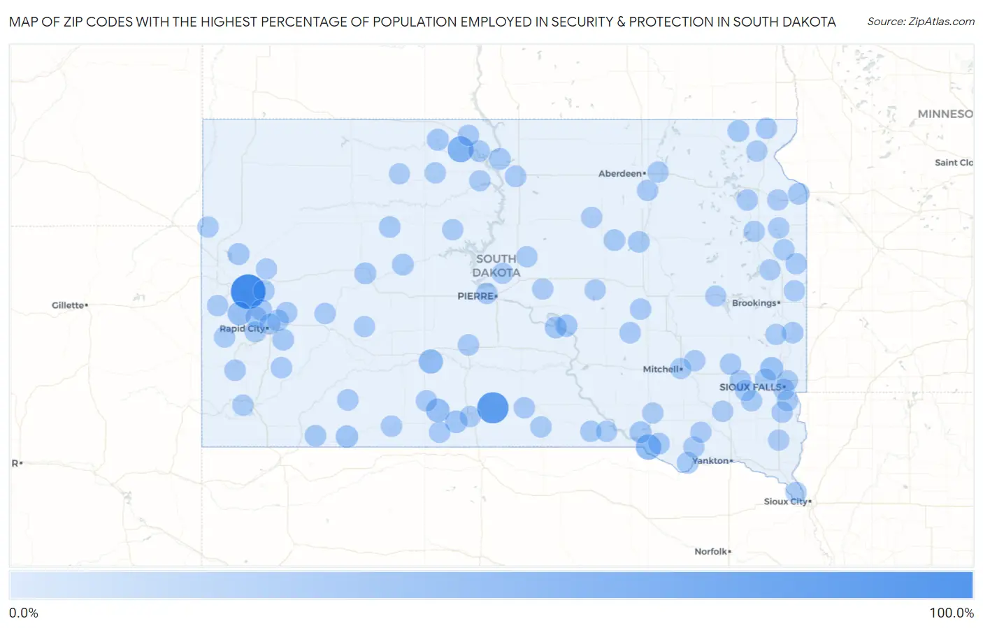 Zip Codes with the Highest Percentage of Population Employed in Security & Protection in South Dakota Map