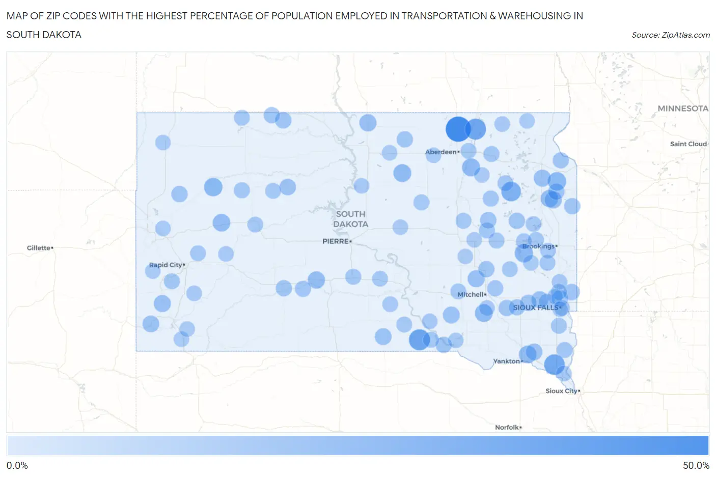 Zip Codes with the Highest Percentage of Population Employed in Transportation & Warehousing in South Dakota Map