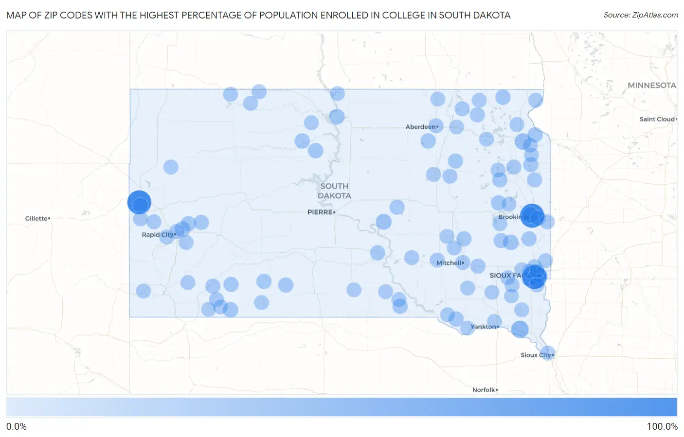 Zip Codes with the Highest Percentage of Population Enrolled in College in South Dakota Map
